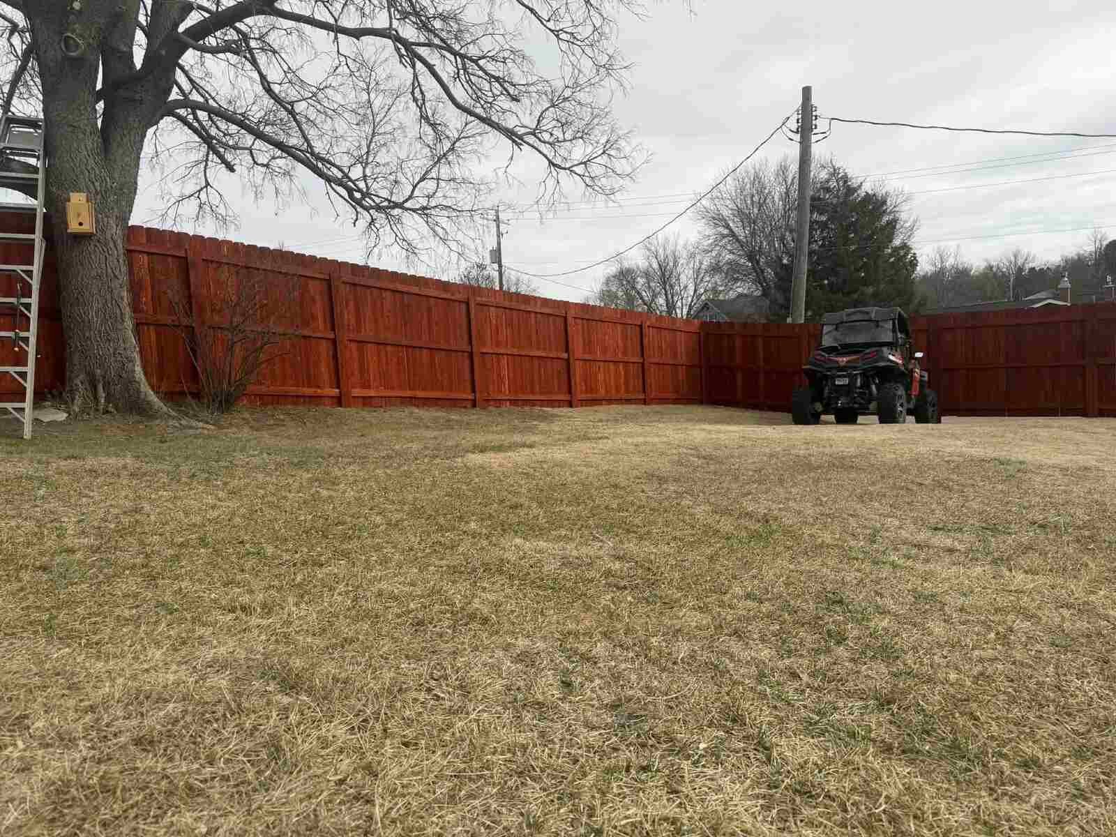 Stained wood privacy fence, long run on open ground
